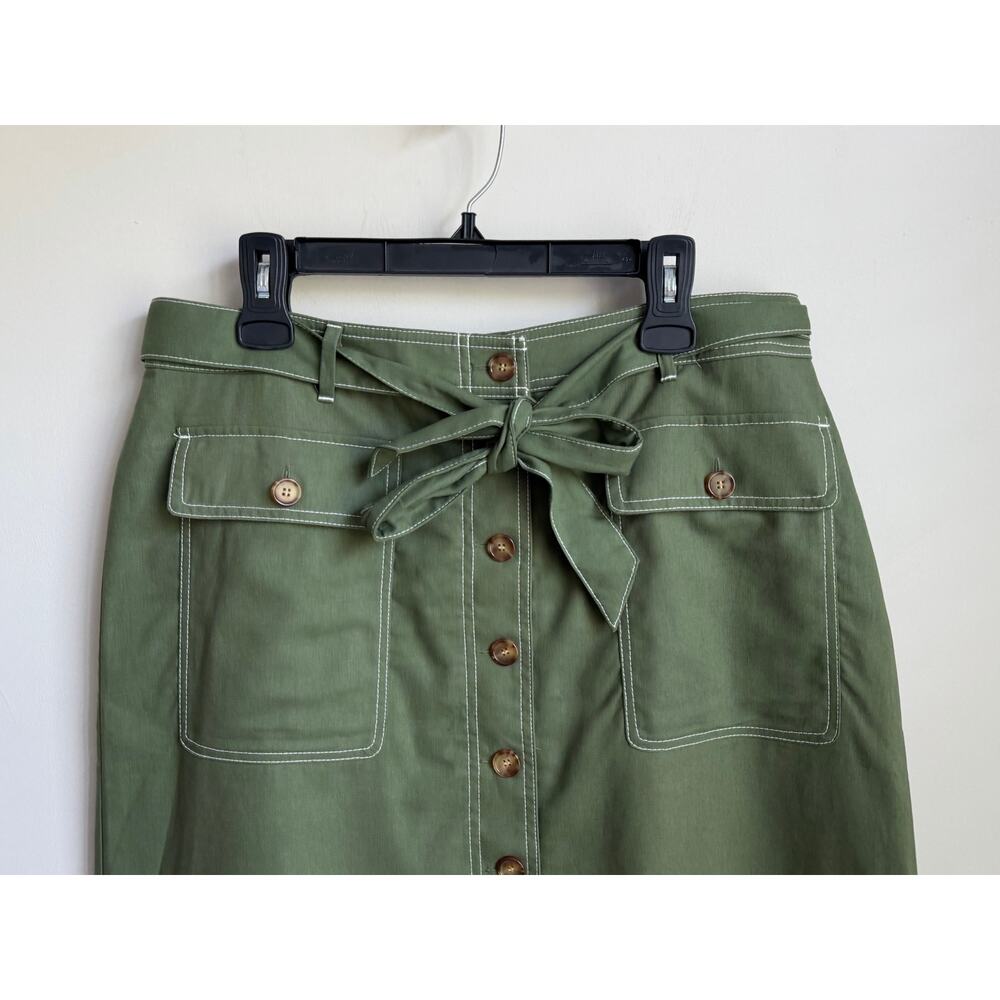 J. Crew Linen-Blend Button-Through Belted A-Line Midi Skirt Utility Green 14 NWT - Picture 3 of 9